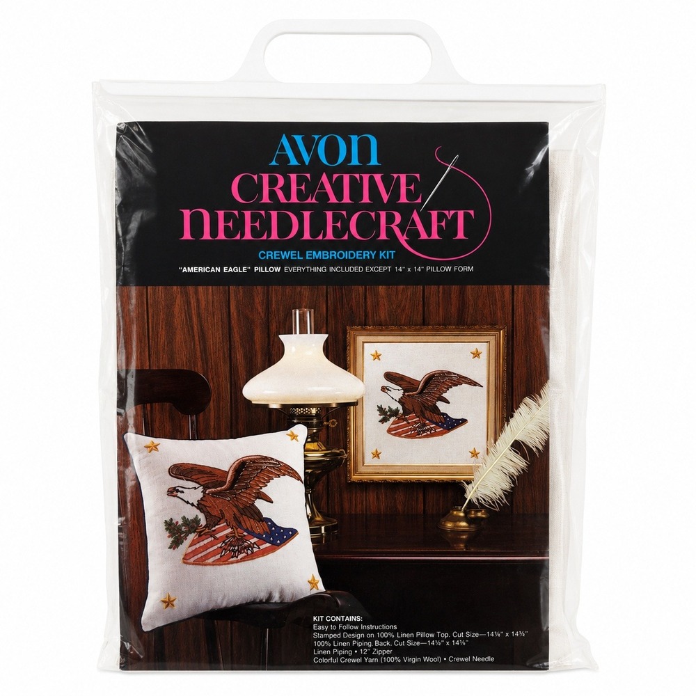 Avon Crewel Embroidery Kit American Eagle Patriotic Linen Pillow DIY White USA